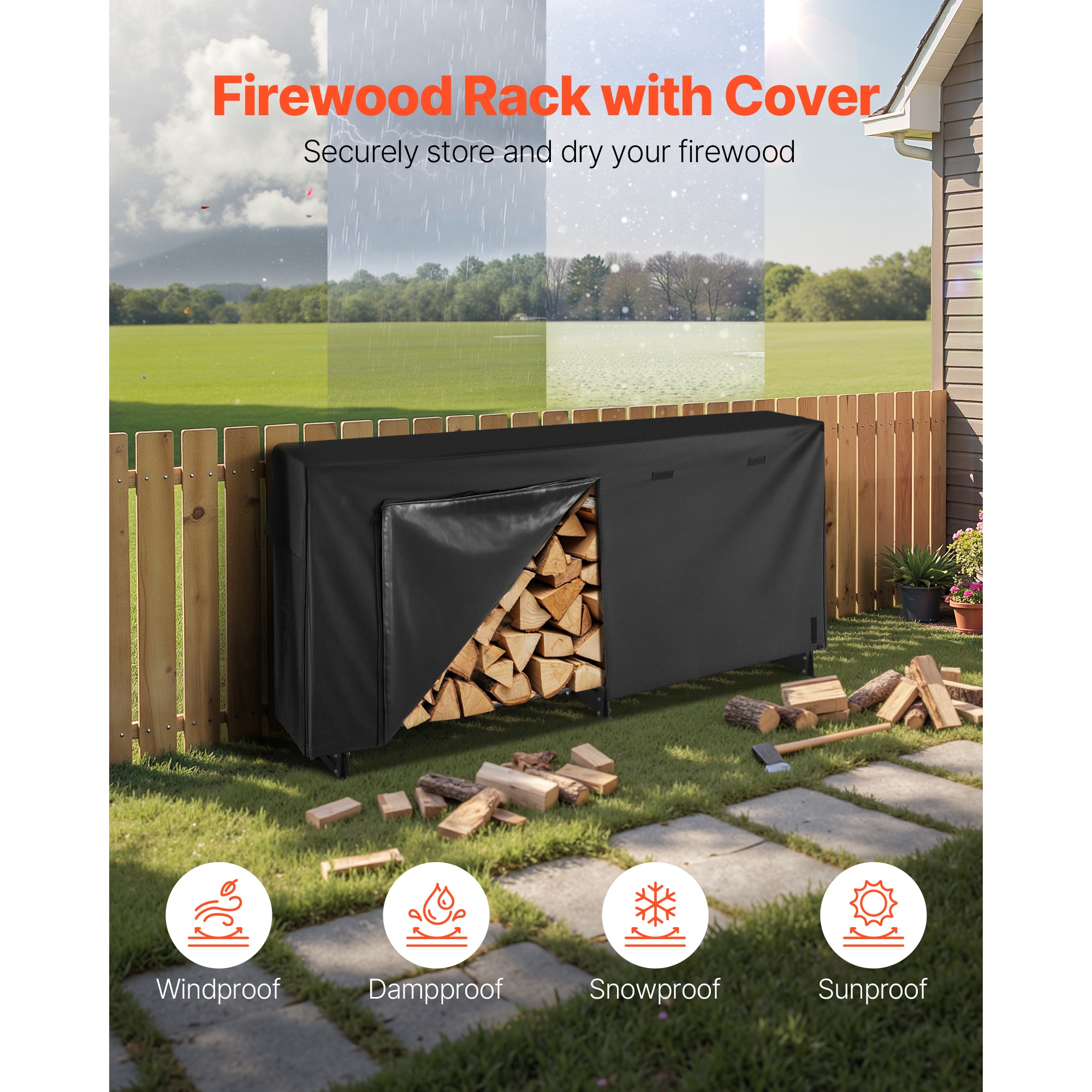 Firewood Rack With Waterproof Cover, 8 Ft Outdoor Firewood Holder, 1/2 Cord Storage Metal Log Holder, 660lb Max Weight Capacity, Top Covered, Powder-Coated Wood Storage Rack For Fireplace Deck_maomaolike.com